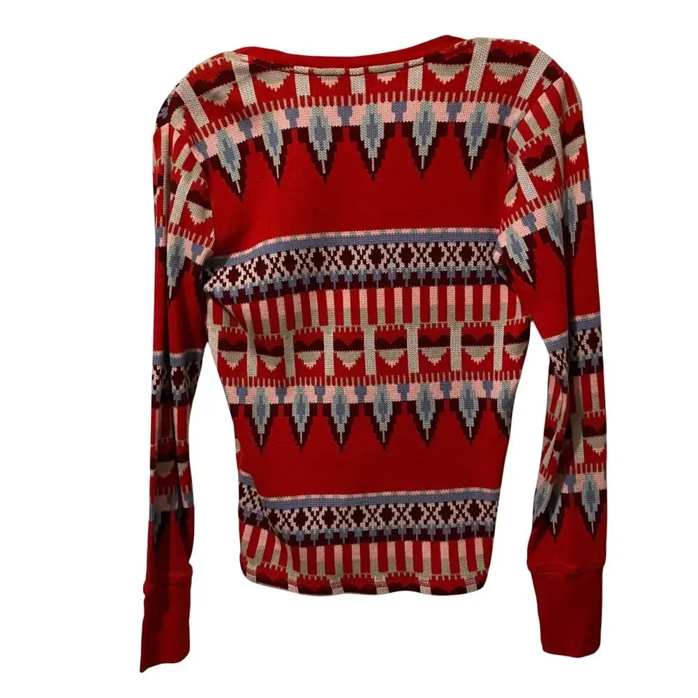 Victoria's Secret Henley V-Neck Top Fair Isle Aztec Hearts Thermal Red XS